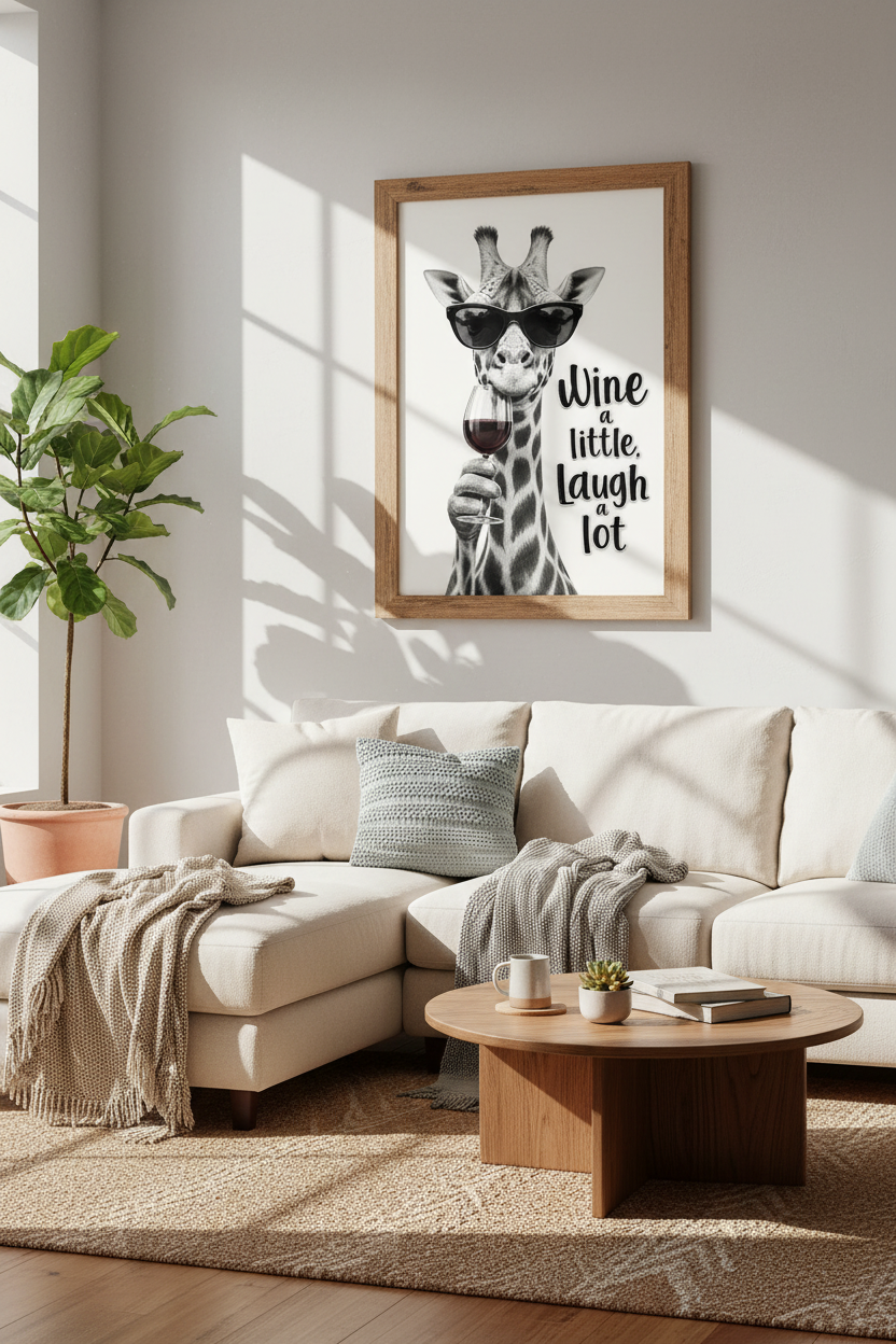Wine Giraffe | Funny Black &amp; White Animal Poster, Kitchen &amp; Bar Wall Art