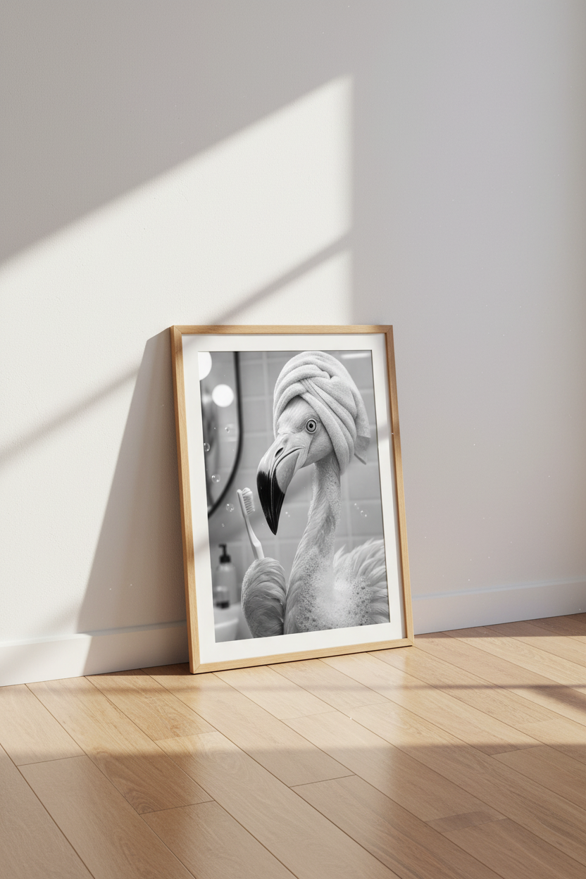 Flamingo in Bathroom Wall Art | Funny Animal Portrait, Guest Bath Decor Print
