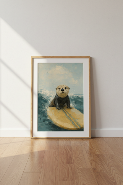 Surfing Otter Wall Art | Coastal Oil Painting Style, Beach Nursery Decor Poster