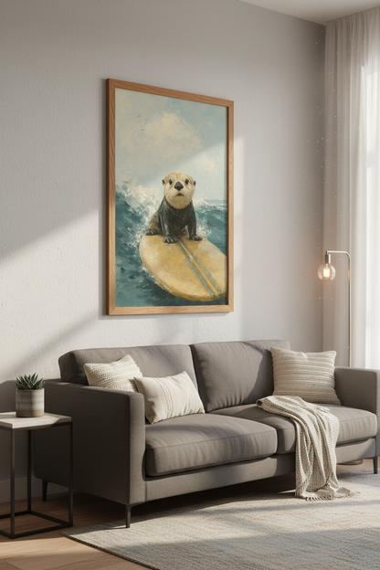 Surfing Otter Wall Art | Coastal Oil Painting Style, Beach Nursery Decor Poster