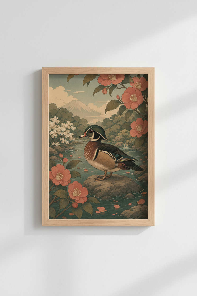Japanese Duck Print | Woodblock Style Nature Art, Ukiyo-e Inspired Wall Decor