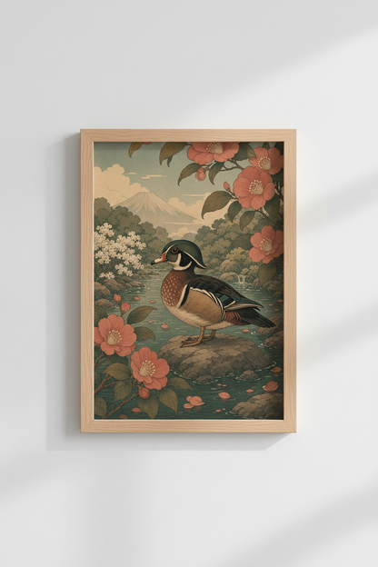 Japanese Duck Print | Woodblock Style Nature Art, Ukiyo-e Inspired Wall Decor