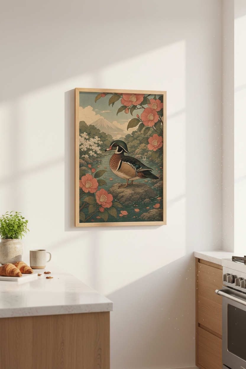 Japanese Duck Print | Woodblock Style Nature Art, Ukiyo-e Inspired Wall Decor