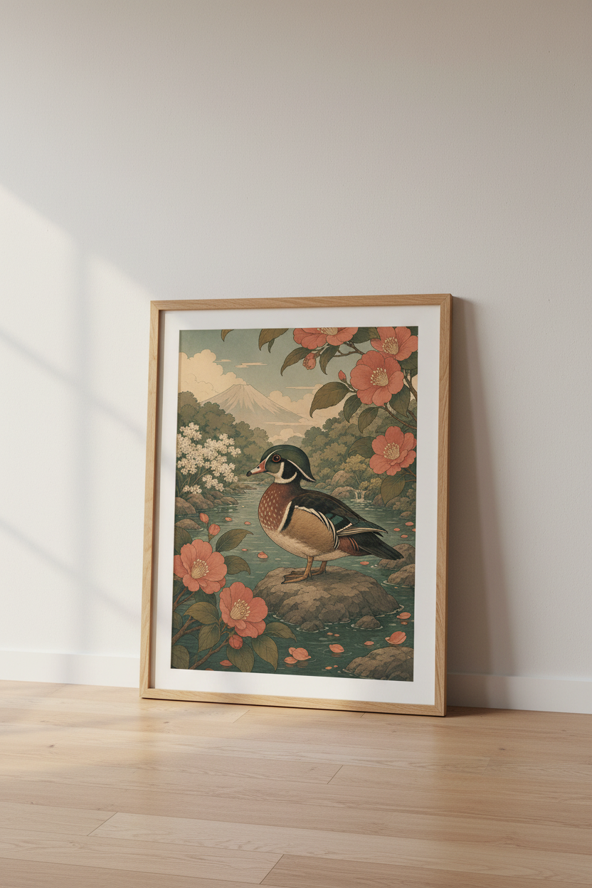 Japanese Duck Print | Woodblock Style Nature Art, Ukiyo-e Inspired Wall Decor