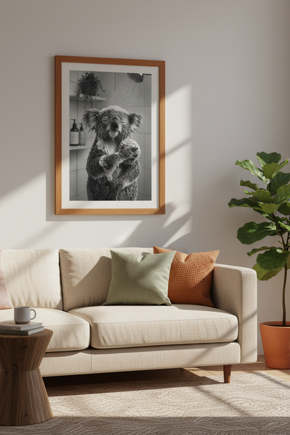 Koala in Shower Wall Art | Funny Animal Black &amp; White Photo, Bathroom Decor