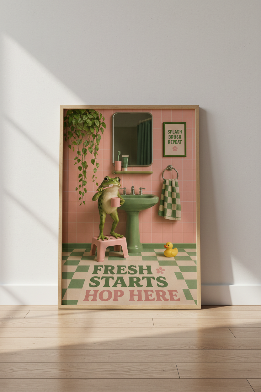 Frog Bathroom Wall Art Print | Retro Pink &amp; Green Decor, Quirky Aesthetic Poster