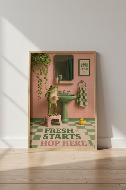 Frog Bathroom Wall Art Print | Retro Pink &amp; Green Decor, Quirky Aesthetic Poster
