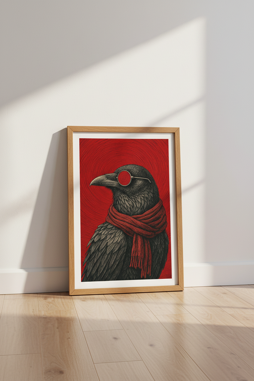 Raven Art Print | Gothic Dark Academia Crow Poster | Red and Black Wall Decor