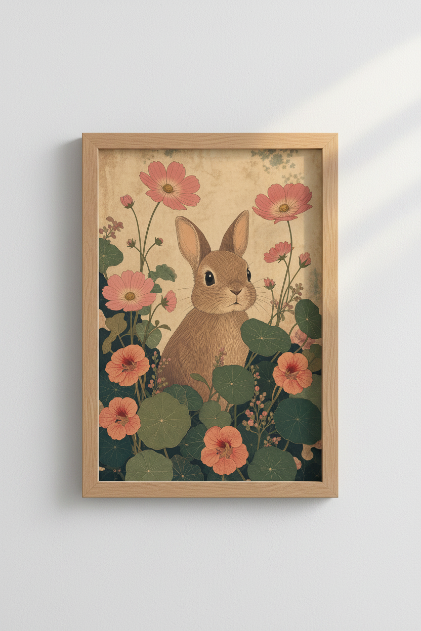 Vintage Bunny Art Print | Cottagecore Rabbit Decor | Whimsical Nursery Poster
