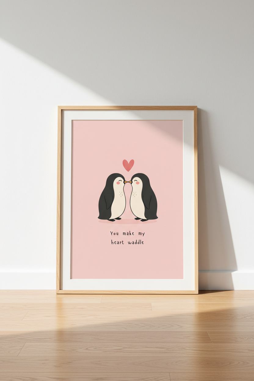 Penguin Couple Wall Art Print | Cute Nursery Decor | Romantic Valentines Poster