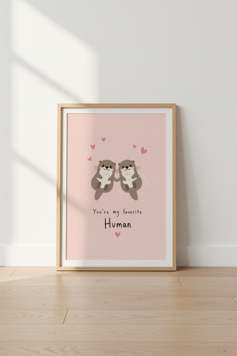 Cute Otter Wall Art Print | Pink Nursery Decor | Kawaii Love Poster