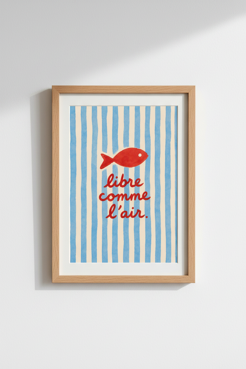 Nautical wall art | Blue stripe, red fish poster for living room