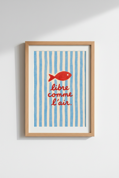 Nautical wall art | Blue stripe, red fish poster for living room