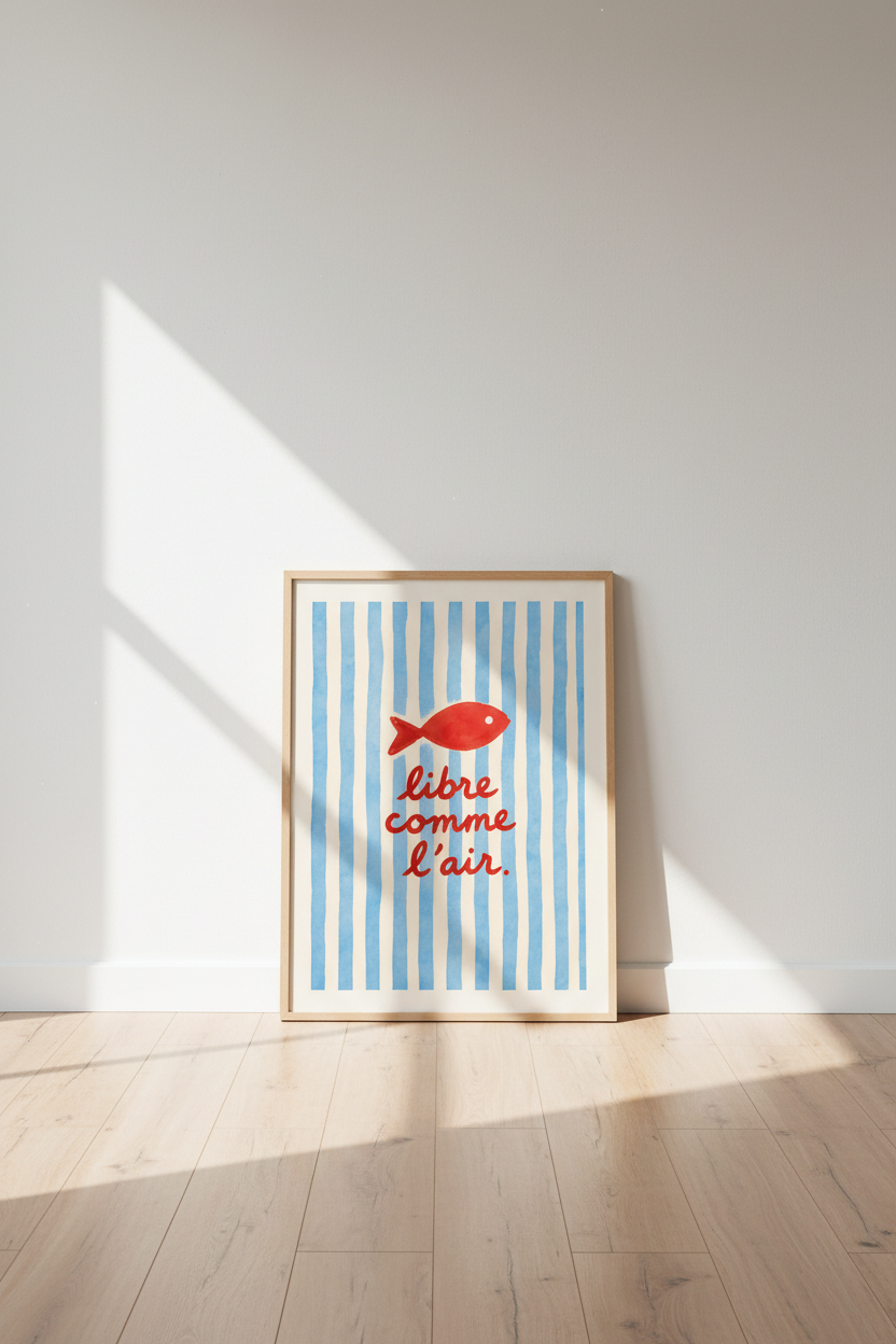 Nautical wall art | Blue stripe, red fish poster for living room