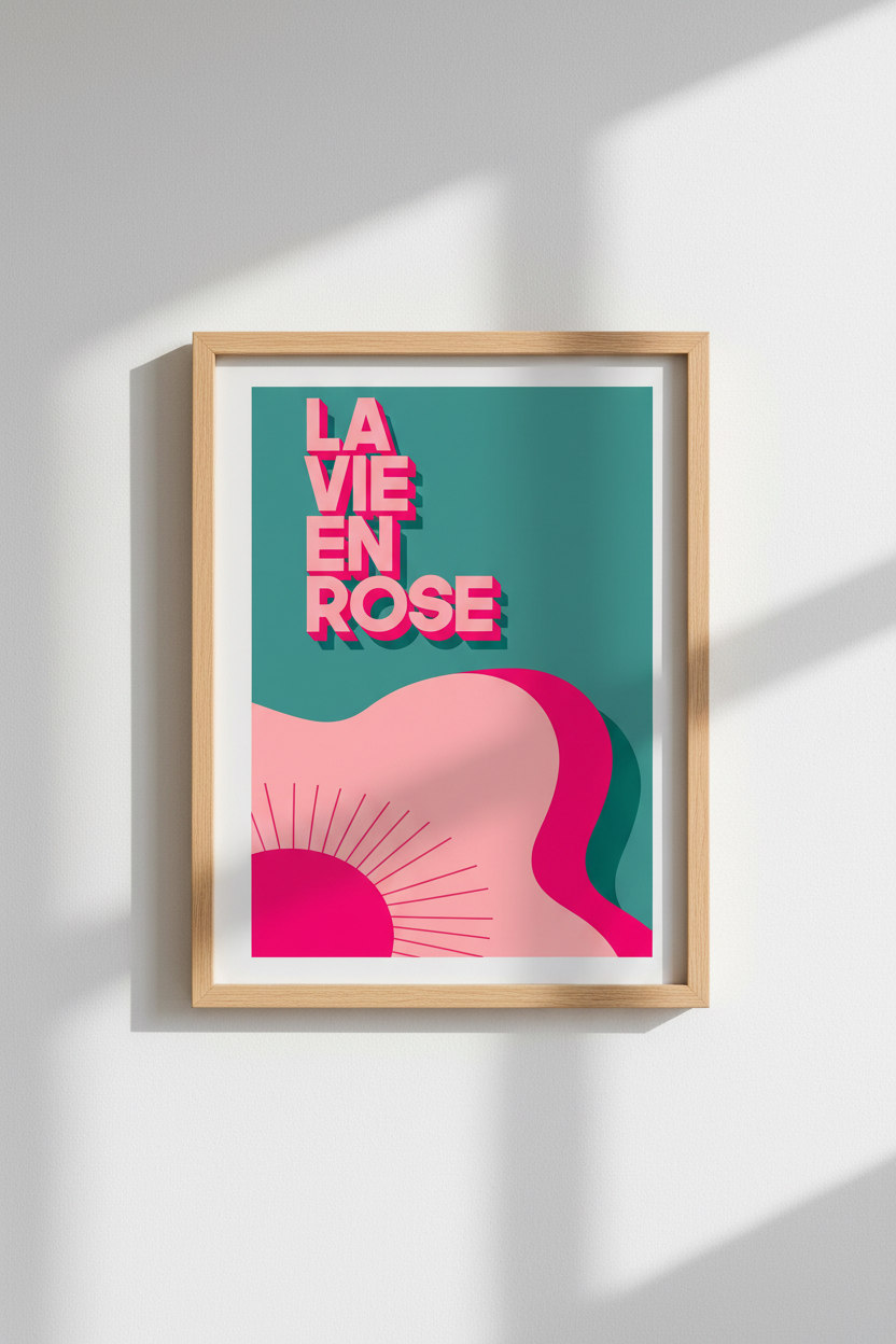 Retro French Poster | La Vie En Rose Wall Art Print | Pink &amp; Teal Eclectic Decor