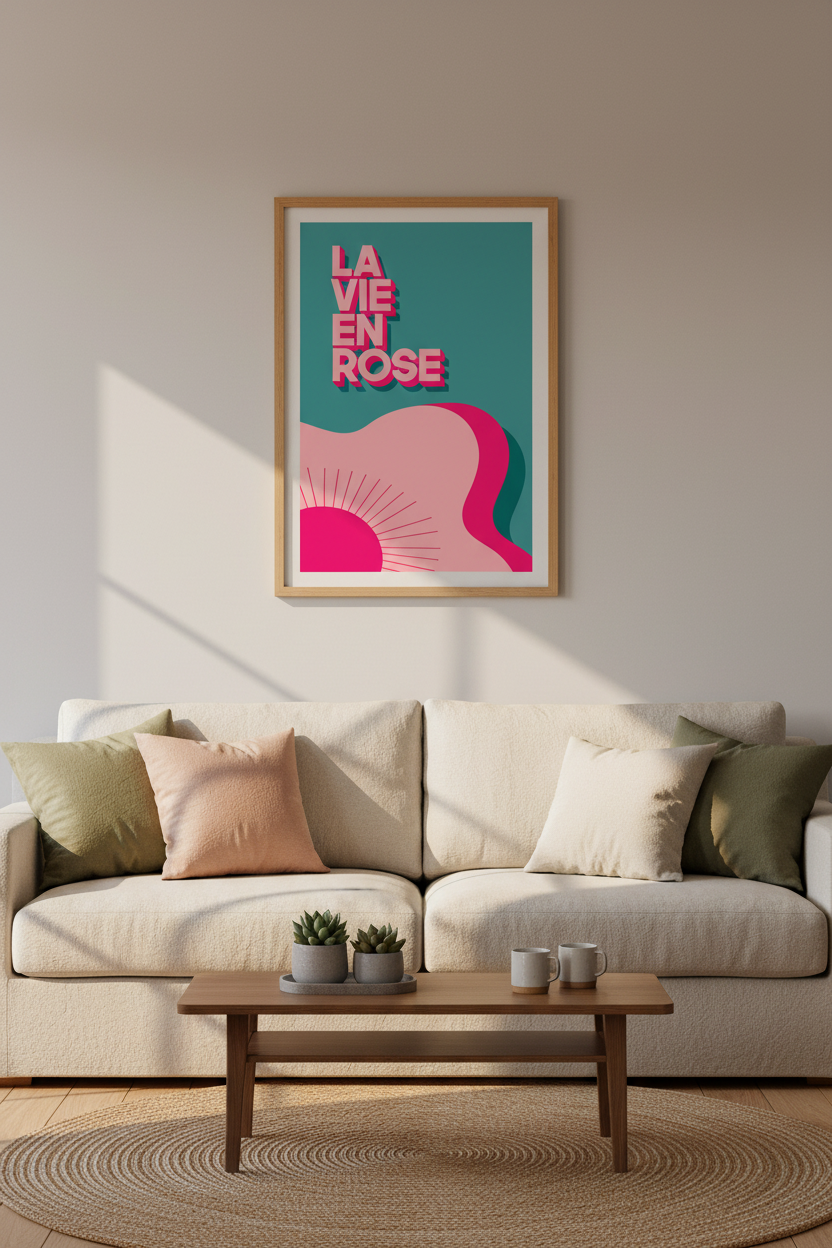 Retro French Poster | La Vie En Rose Wall Art Print | Pink &amp; Teal Eclectic Decor