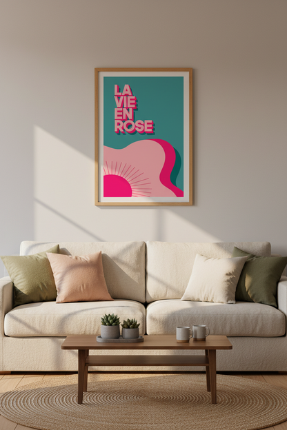 Retro French Poster | La Vie En Rose Wall Art Print | Pink &amp; Teal Eclectic Decor
