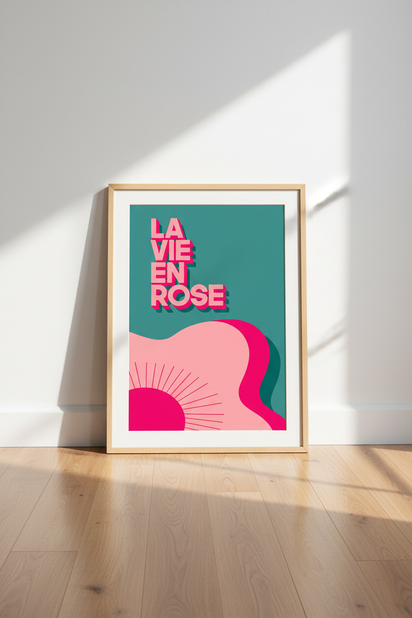 Retro French Poster | La Vie En Rose Wall Art Print | Pink &amp; Teal Eclectic Decor