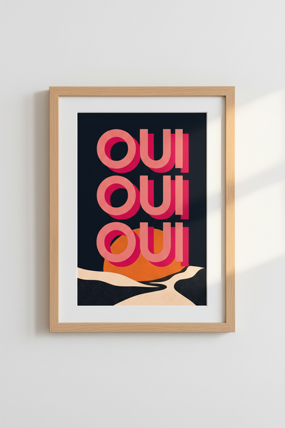 French Typography Wall Art Print | Pink Oui Oui Retro Poster, Modern Kitchen Decor
