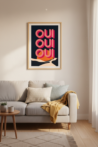 French Typography Wall Art Print | Pink Oui Oui Retro Poster, Modern Kitchen Decor