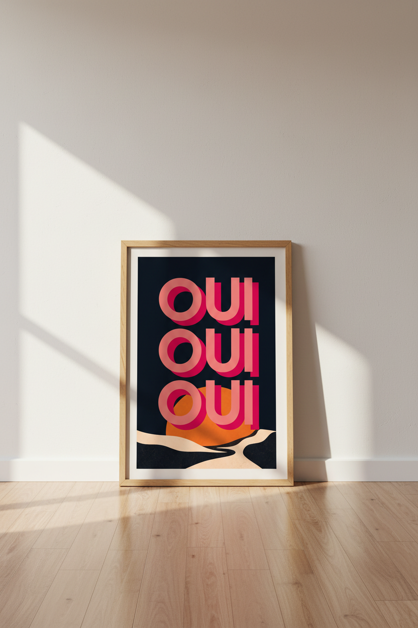 French Typography Wall Art Print | Pink Oui Oui Retro Poster, Modern Kitchen Decor