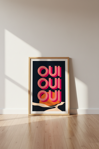 French Typography Wall Art Print | Pink Oui Oui Retro Poster, Modern Kitchen Decor
