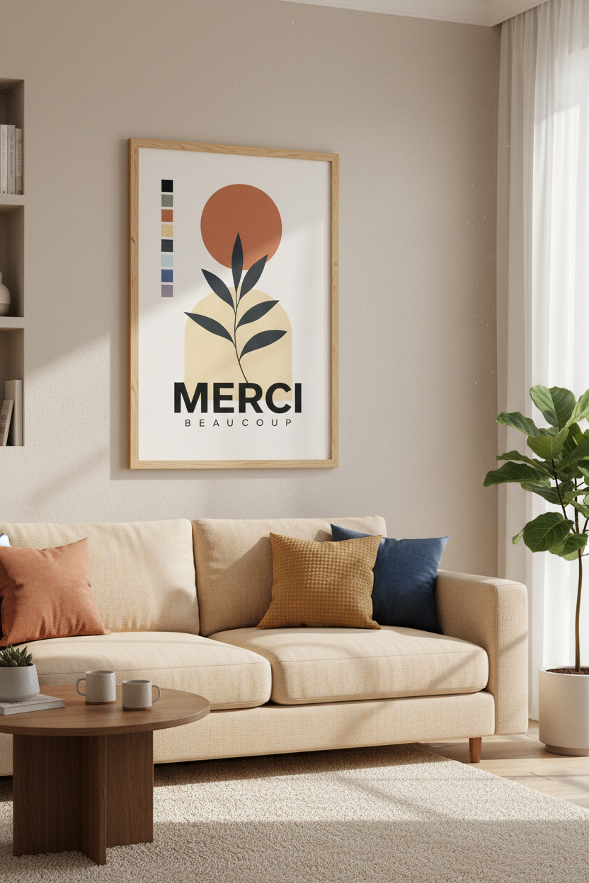 Merci Beaucoup French Boho Wall Art | Earthy Botanical Poster | Modern Minimalist Decor