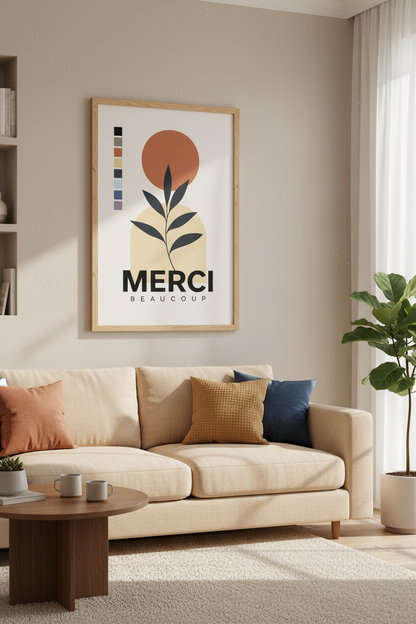 Merci Beaucoup French Boho Wall Art | Earthy Botanical Poster | Modern Minimalist Decor