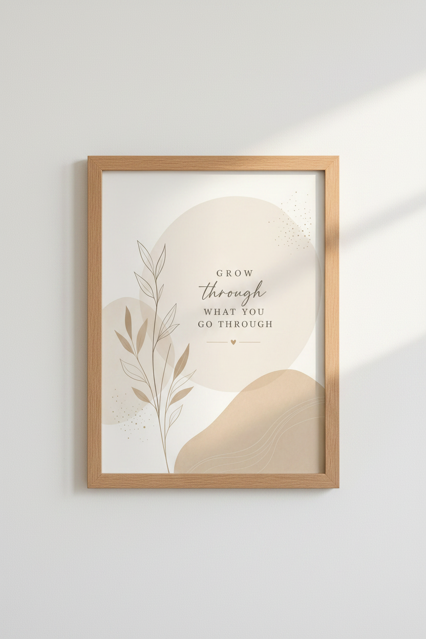 Grow Through Quote Wall Art | Neutral Boho Botanical Decor, Minimalist Poster