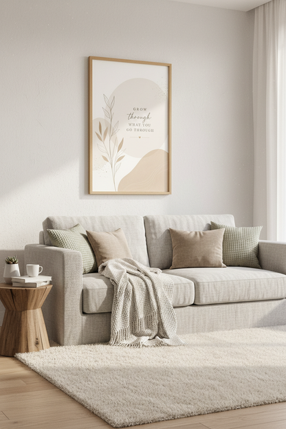 Grow Through Quote Wall Art | Neutral Boho Botanical Decor, Minimalist Poster