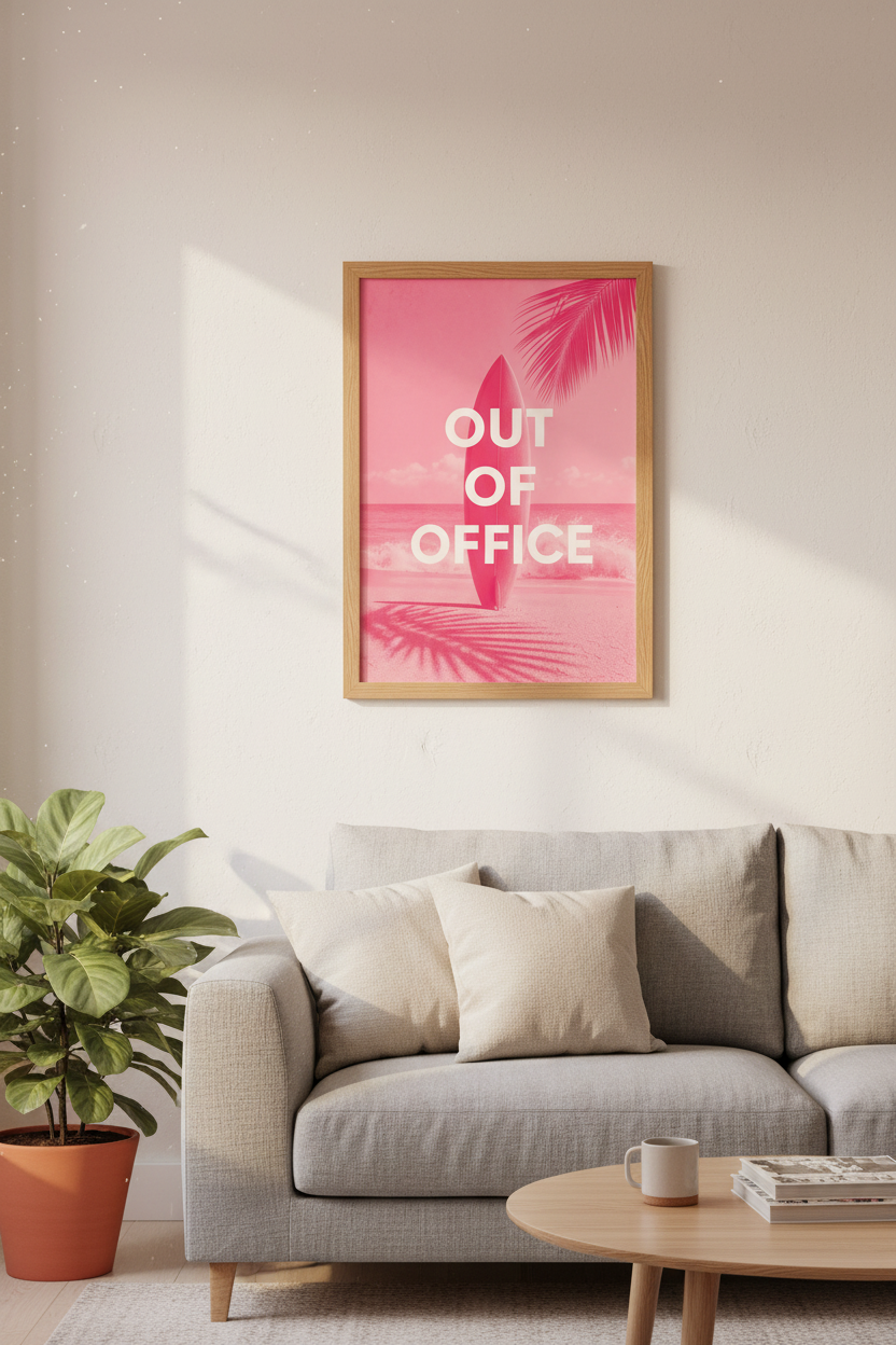 Pink Beach Wall Art | Out of Office Surfboard Poster, Preppy Tropical Dorm Decor