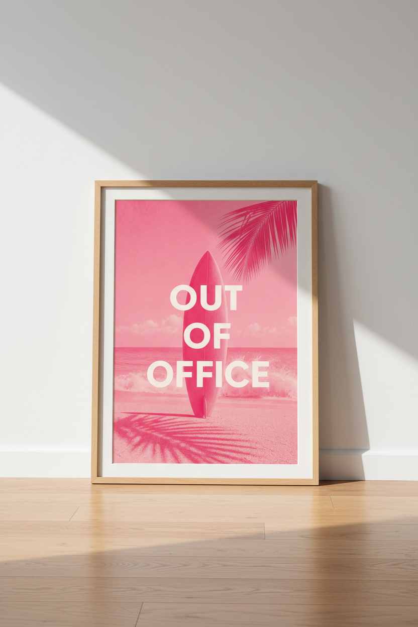Pink Beach Wall Art | Out of Office Surfboard Poster, Preppy Tropical Dorm Decor