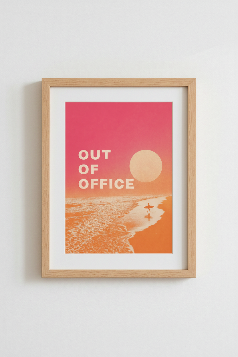 Retro Surf Wall Art Print | Pink Sunset Beach Decor | Out Of Office Poster
