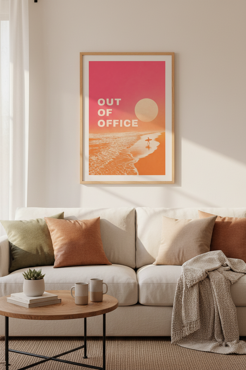Retro Surf Wall Art Print | Pink Sunset Beach Decor | Out Of Office Poster