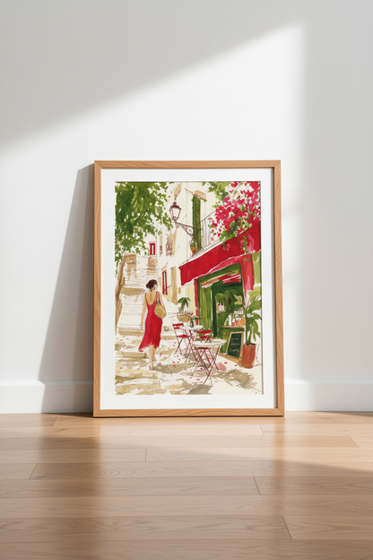 Mediterranean Street Scene | Watercolor Red Dress Print, European Cafe Wall Art
