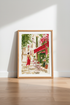 Mediterranean Street Scene | Watercolor Red Dress Print, European Cafe Wall Art