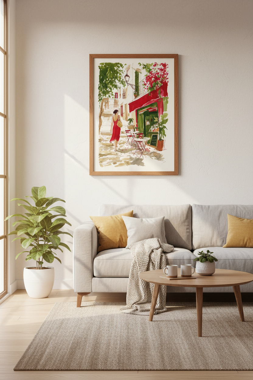 Mediterranean Street Scene | Watercolor Red Dress Print, European Cafe Wall Art