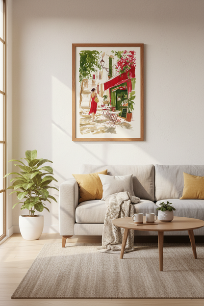 Mediterranean Street Scene | Watercolor Red Dress Print, European Cafe Wall Art