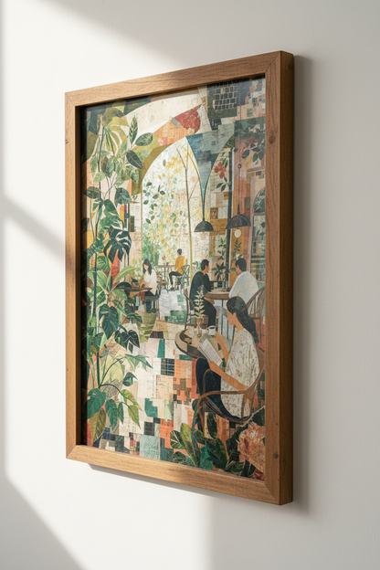 Abstract Cafe Mosaic Wall Art | Green Botanical Coffee Shop Print, Living Room Decor
