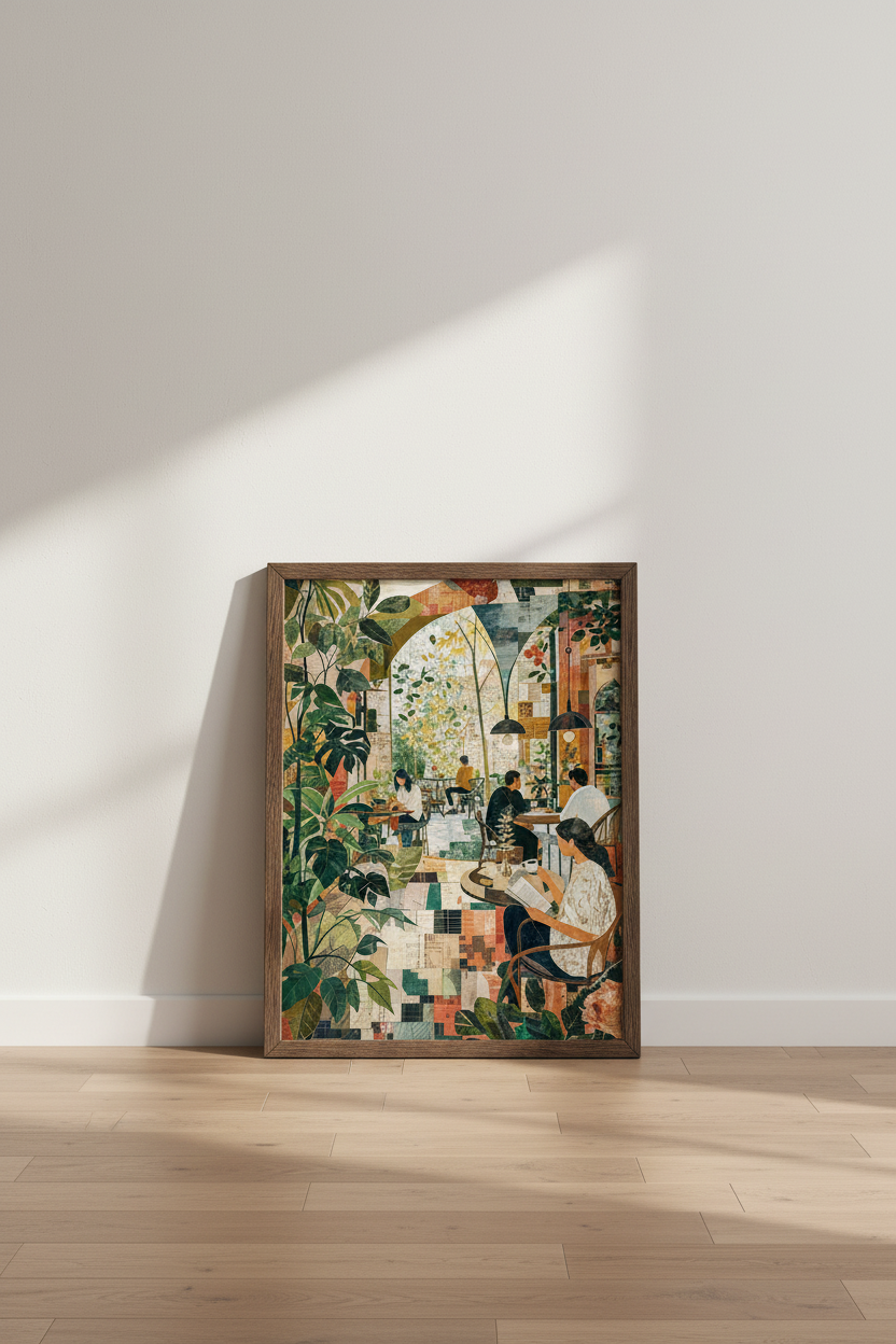 Abstract Cafe Mosaic Wall Art | Green Botanical Coffee Shop Print, Living Room Decor