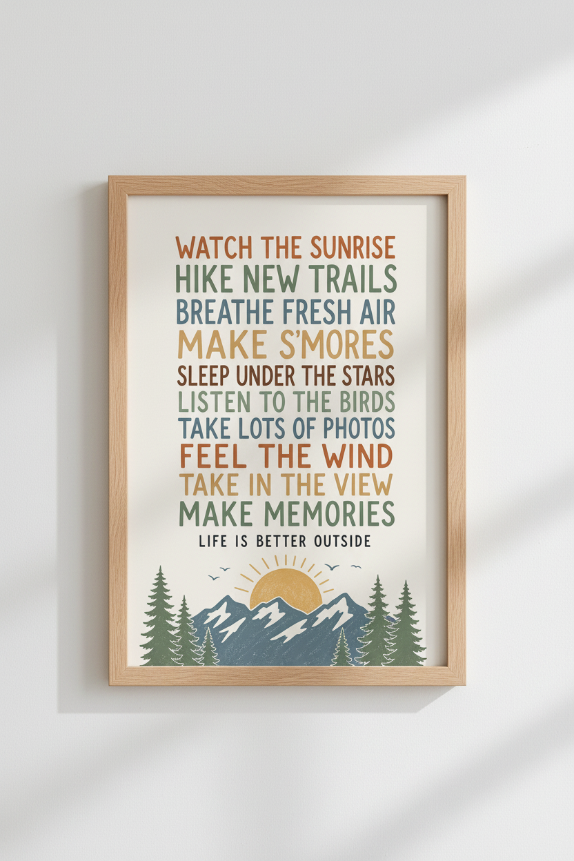 Outdoor Adventure Quote Art | Retro Mountain Poster, Hiking Cabin Decor
