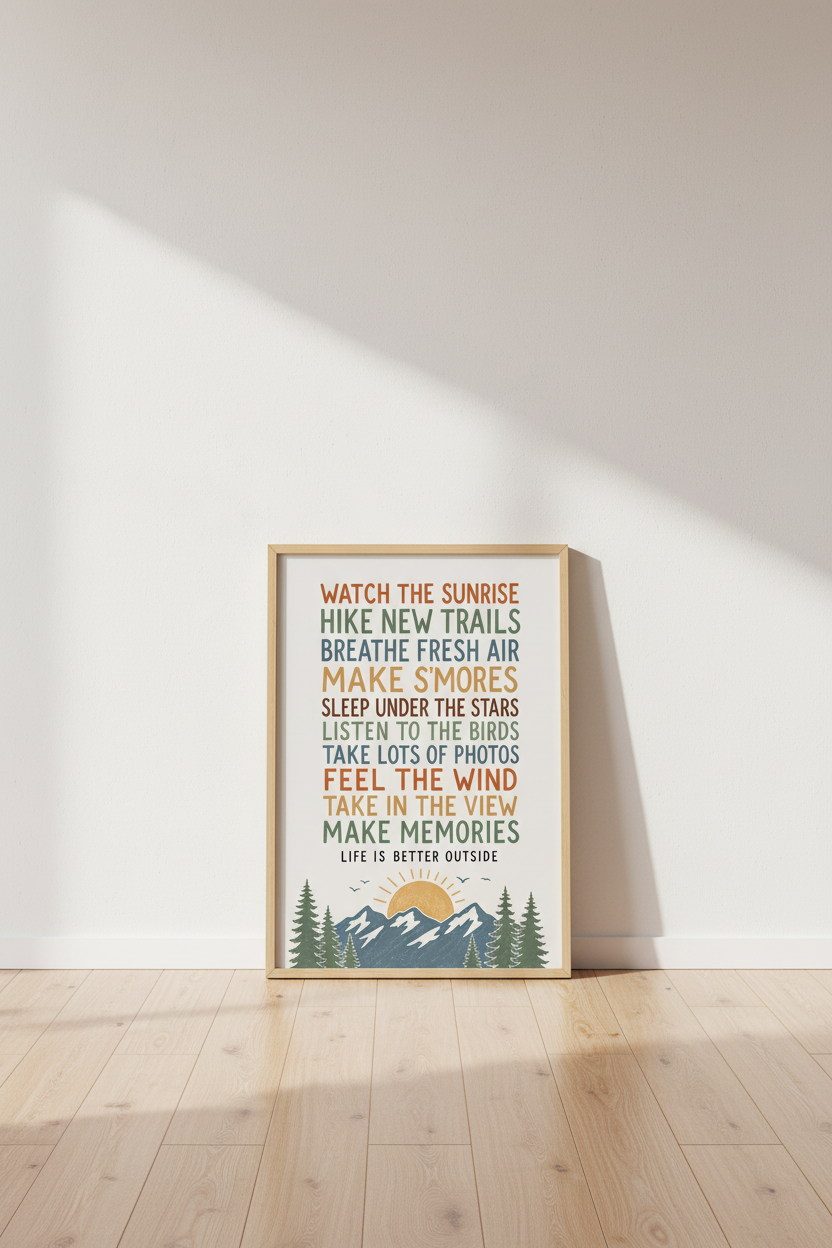 Outdoor Adventure Quote Art | Retro Mountain Poster, Hiking Cabin Decor