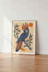 Cockatoo Bird Wall Art | Navy & Orange Linocut Style Print, Boho Home Decor
