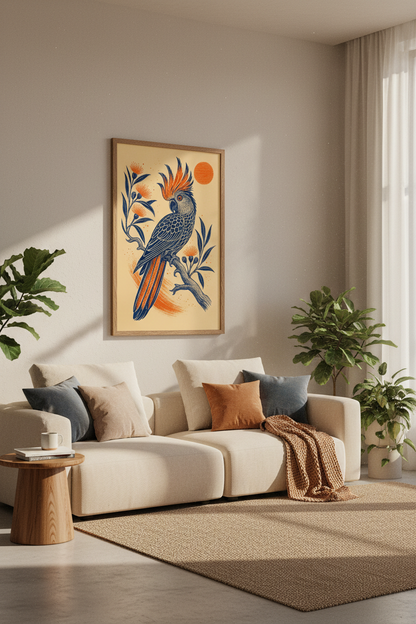 Cockatoo Bird Wall Art | Navy &amp; Orange Linocut Style Print, Boho Home Decor