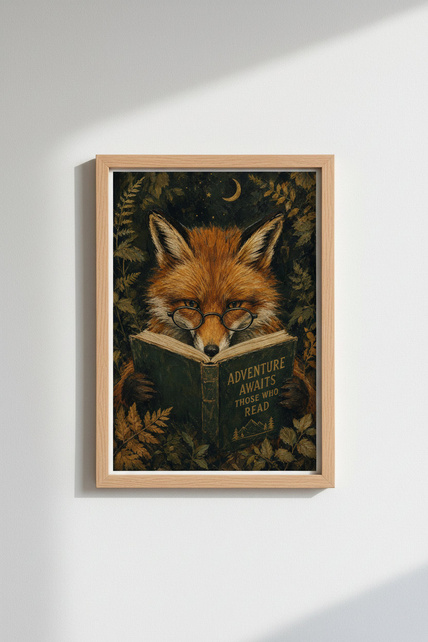 Whimsical Fox Art Print | Dark Academia Library Decor, Reading Fox Poster
