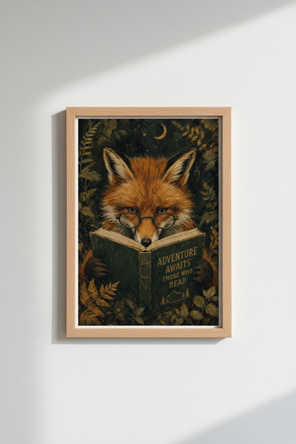 Whimsical Fox Art Print | Dark Academia Library Decor, Reading Fox Poster