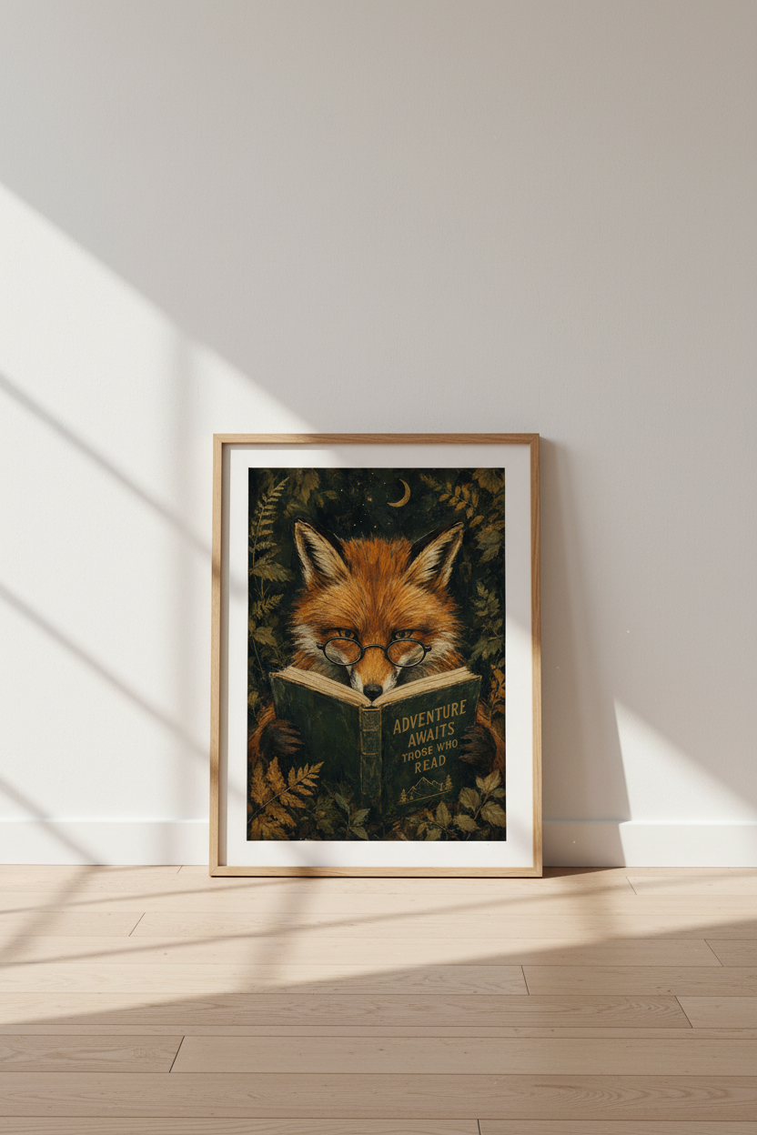 Whimsical Fox Art Print | Dark Academia Library Decor, Reading Fox Poster