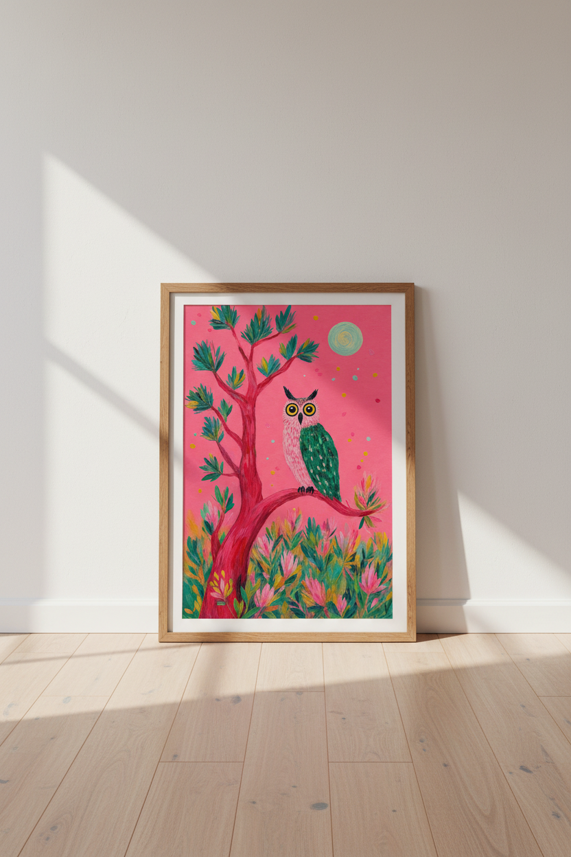 Folk Art Owl Wall Art | Pink &amp; Green Whimsical Decor | Maximalist Poster
