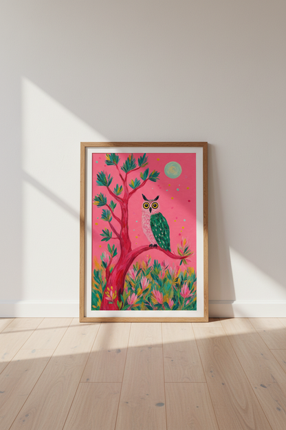 Folk Art Owl Wall Art | Pink &amp; Green Whimsical Decor | Maximalist Poster