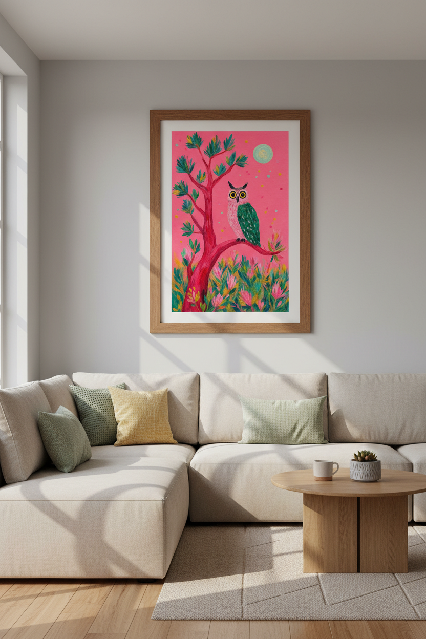Folk Art Owl Wall Art | Pink &amp; Green Whimsical Decor | Maximalist Poster